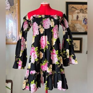 BNWT 100% Silk Betsey Johnson Floral Off Shoulder Mini Dress in Black and Pink